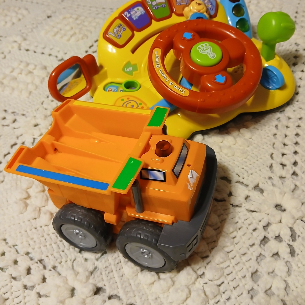 Orange Toy Dump Truck  & Vtech Interactive Steering Wheel